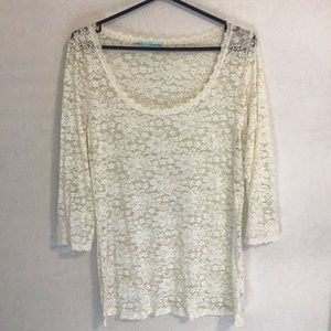Maurices Sheer Cream Lace 3/4 Sleeve Top XL
